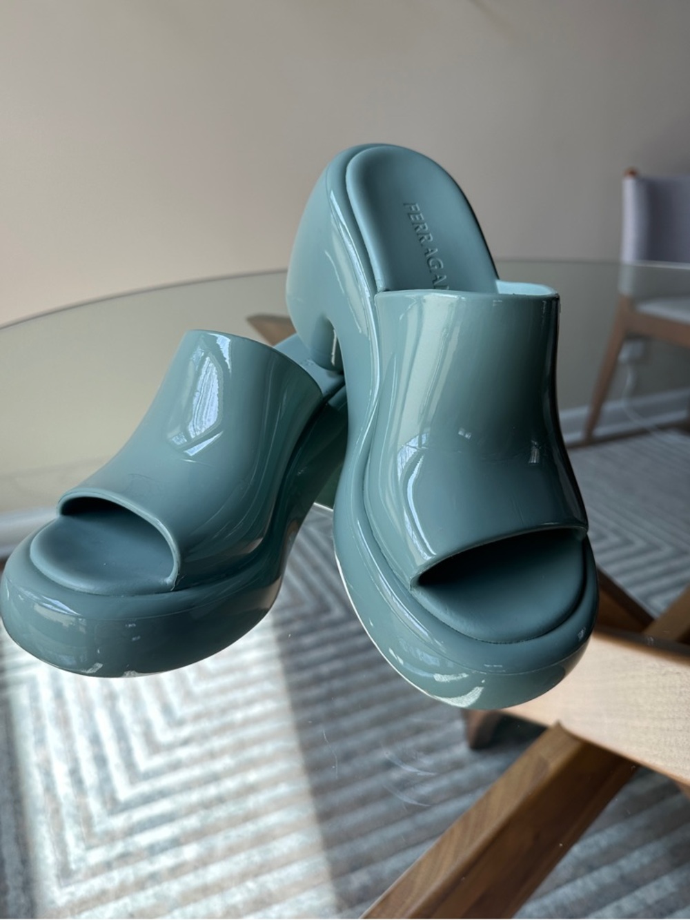 Salvatore Ferragamo Glossy Aqua Platform Slide Mules